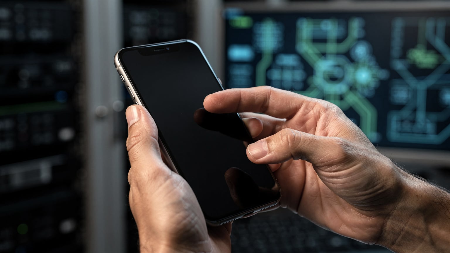 Tangan seorang jurutera telekomunikasi menunjukkan bagaimana untuk mengaktifkan eSIM pada telefon pintar, dengan latar belakang papan litar bercahaya samar.