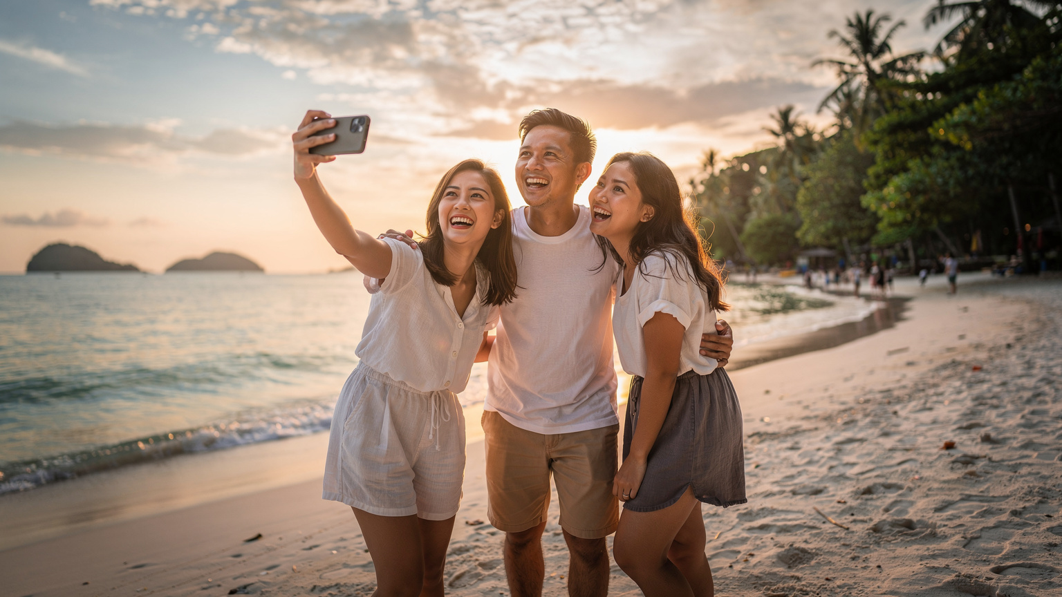 Sekumpulan rakan menikmati keindahan alam semulajadi di pantai Langkawi sambil bergambar kenang-kenangan dengan telefon pintar.