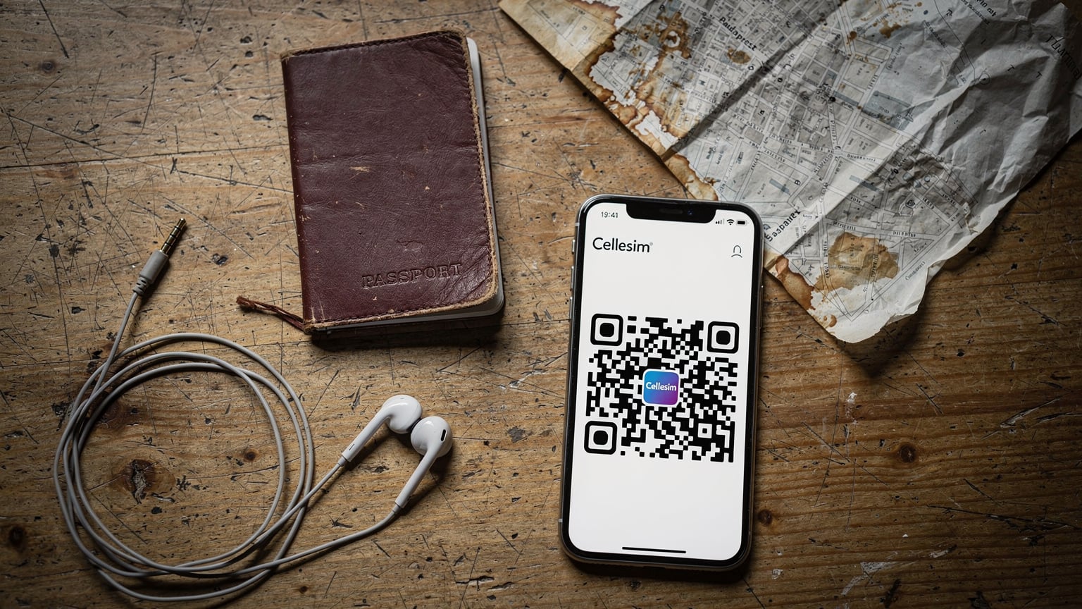 An editorial overhead flat-lay shot of a well-worn passport, a smartphone with a Cellesim eSIM QR code on its screen, a pair of budget headphones, and a crinkled paper map snippet of a specific European city, all arranged on a rustic hostel wooden table.