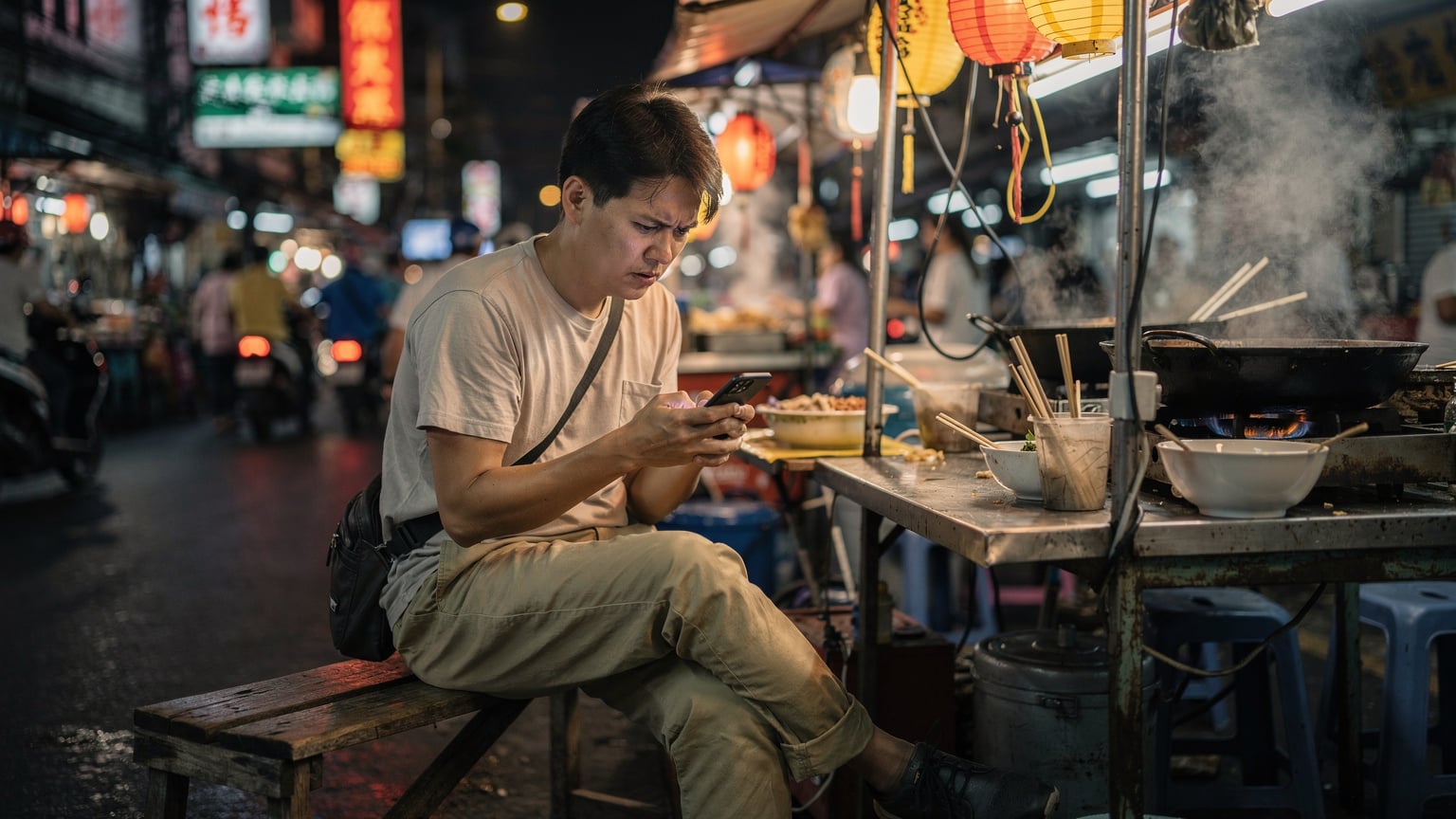 A person sitting on a rickety wooden bench at a bustling street food stall in Southeast Asia, holding their phone and looking slightly stressed, trying to connect to a network.