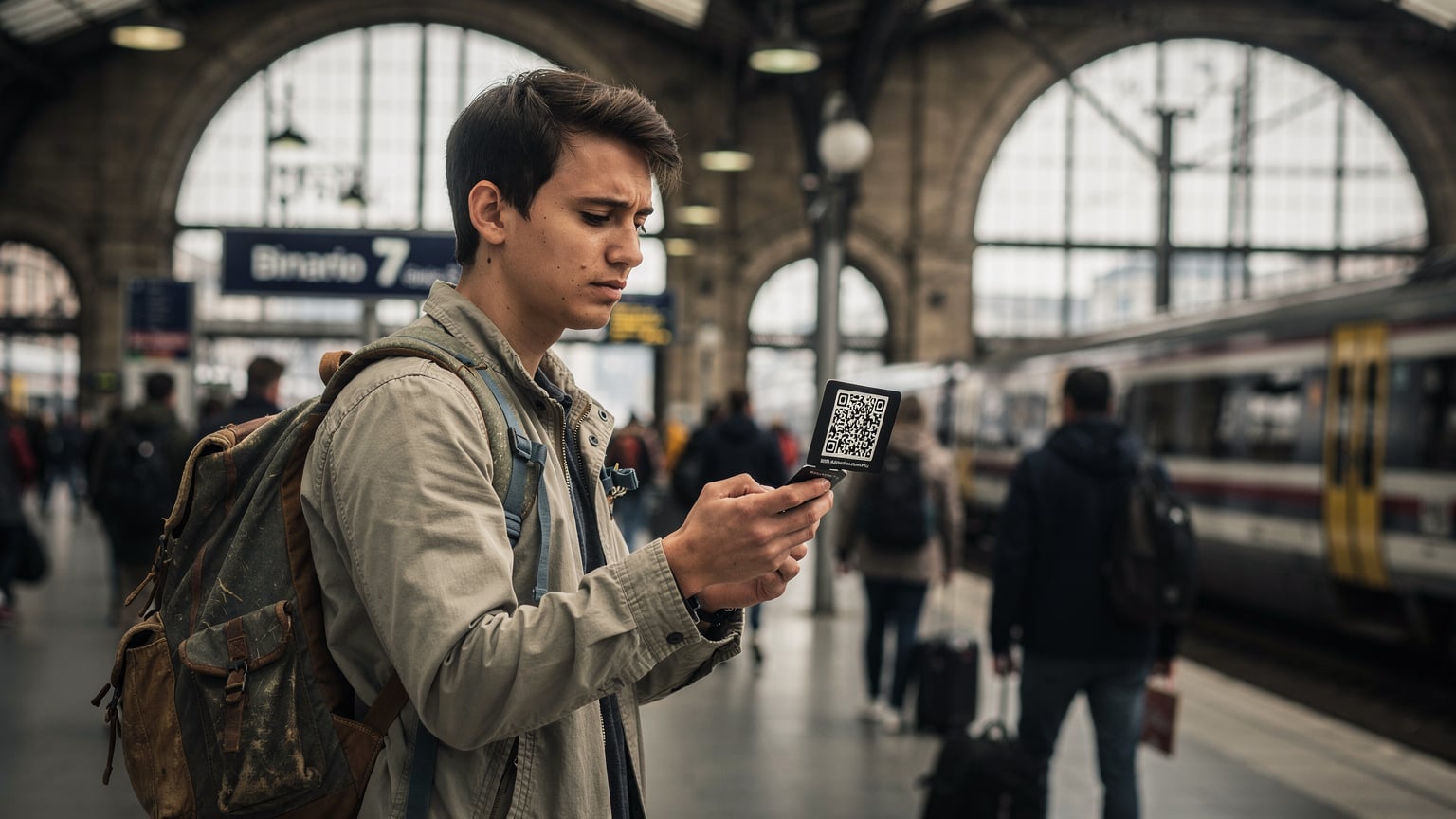 A budget traveler, mid-twenties, with a worn backpack and a Cellesim eSIM QR code visible on their phone screen, stands at a bustling European train station, looking at their device with a determined expression.