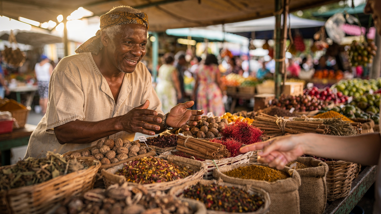 A candid shot of a local Grenadian vendor at a spice market in St. George's, engaging with a tourist. The vendor's attire is modest and traditional.