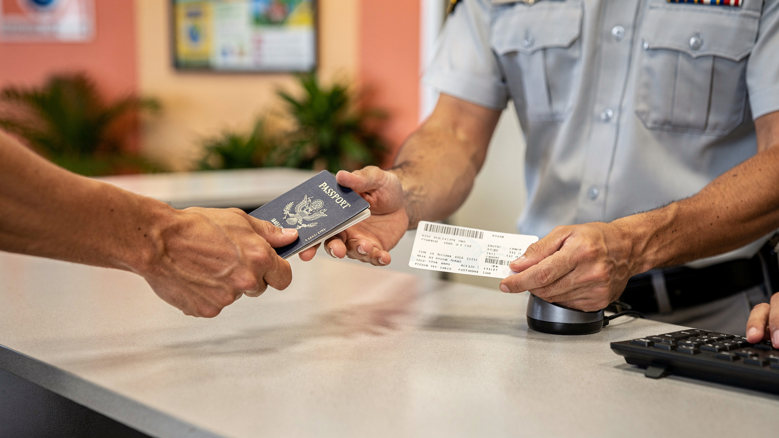 A traveler presenting their passport and an onward ticket to an immigration officer at Maurice Bishop International Airport, Grenada.