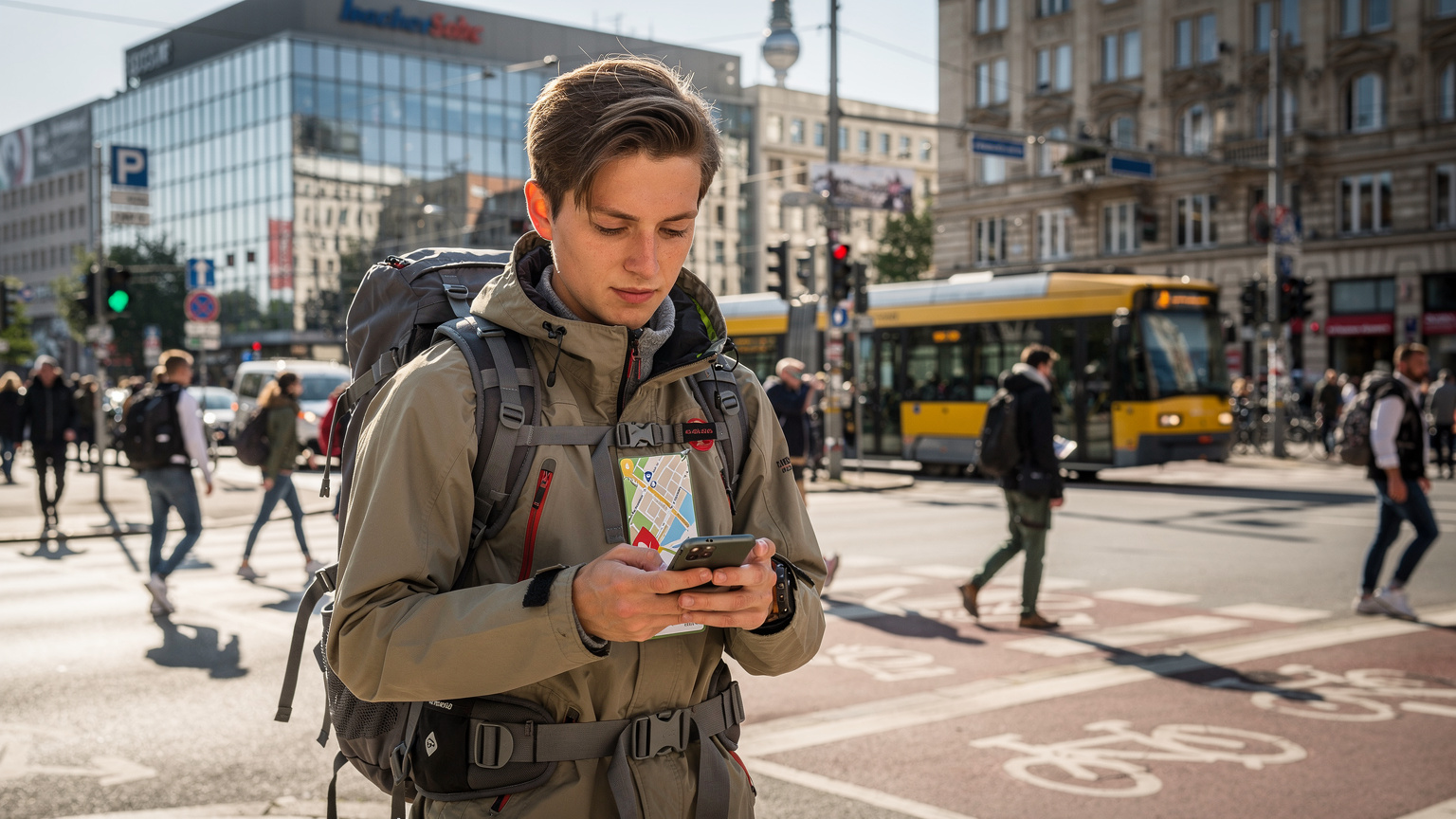 Seorang backpacker sedang memegang ponselnya dengan layar menampilkan peta digital, berdiri di persimpangan jalan sibuk di Berlin, Jerman.