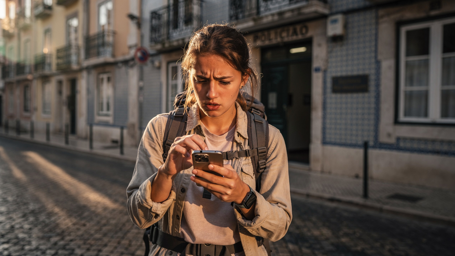 Seorang backpacker muda dengan ekspresi khawatir sedang mencari nomor telepon di ponselnya, berdiri di depan sebuah kantor polisi di Lisbon, Portugal.