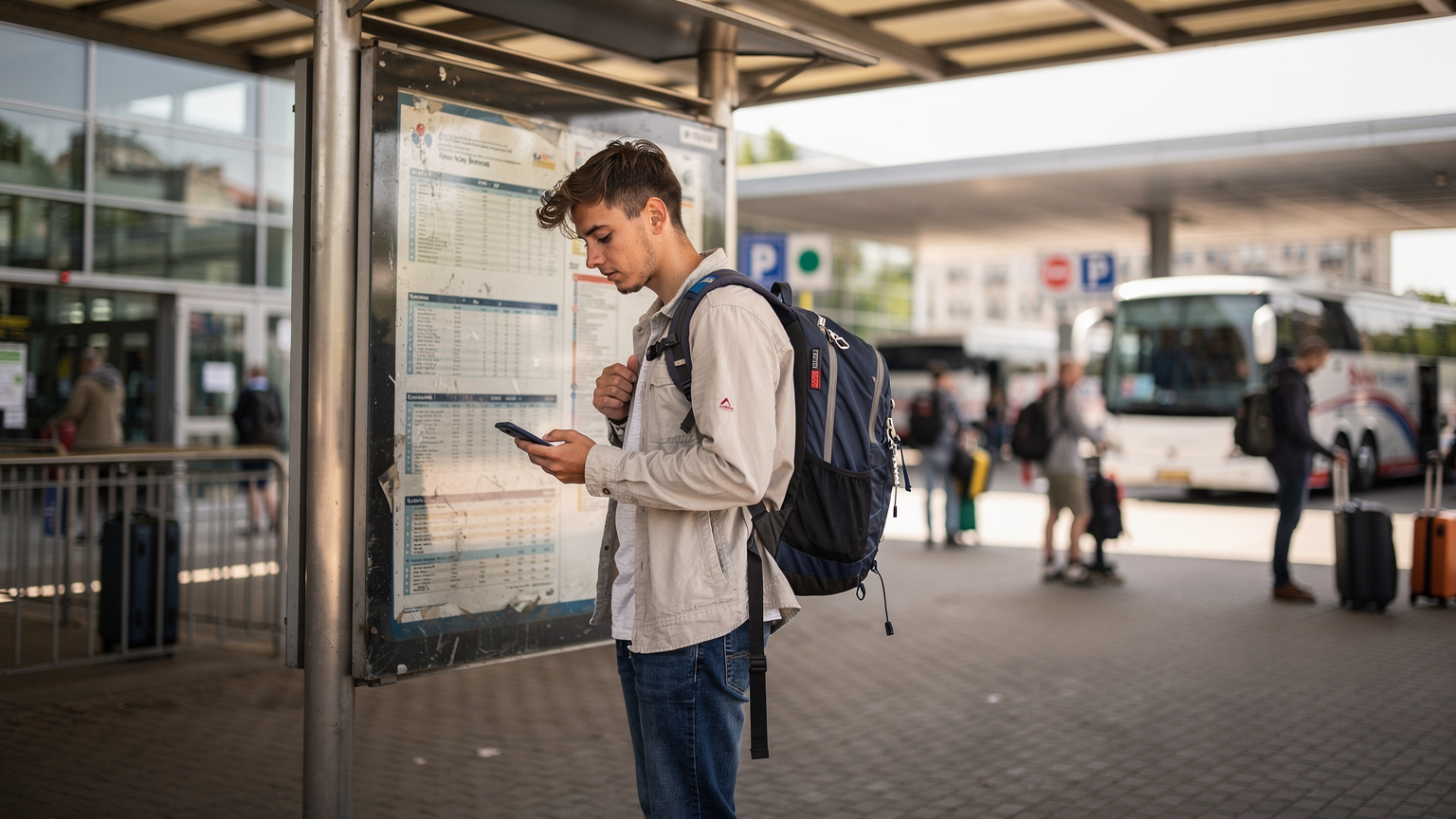 Seorang backpacker memeriksa jadwal tur di ponselnya saat berdiri di depan papan informasi jadwal bus di stasiun bus Krakow, Polandia.