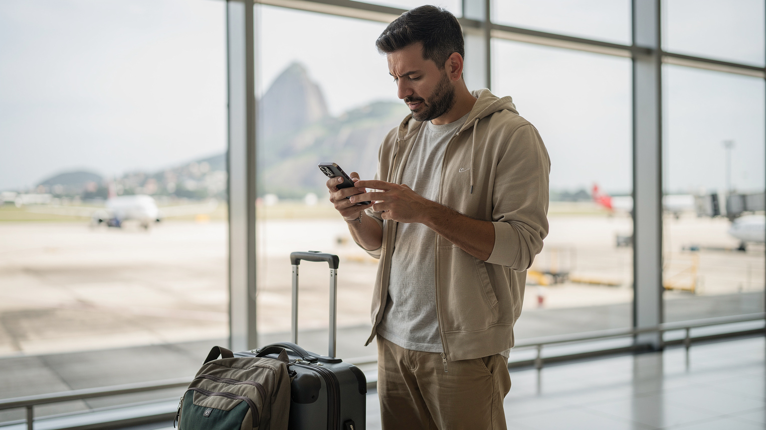 Ein Reisender am Flughafen Rio de Janeiro, der nach der Landung sofort sein Smartphone überprüft und die eSIM-Aktivierung vornimmt.