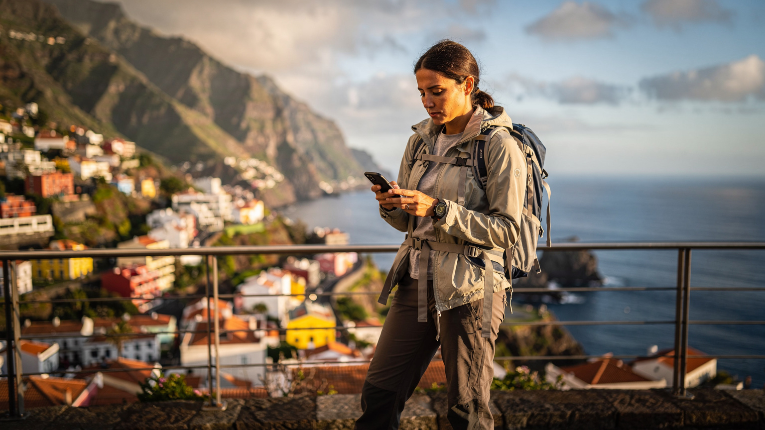 Uma viajante a consultar o seu telefone num miradouro na Madeira, com o Funchal e o oceano ao fundo.