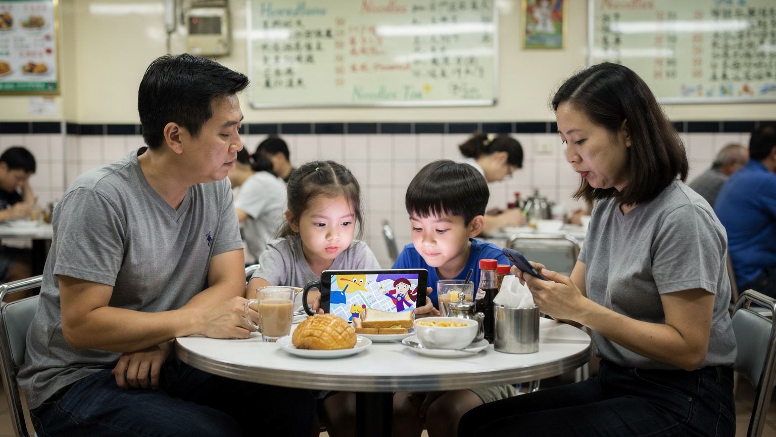 在香港一家茶餐廳裡,一家人圍坐用餐,孩子們正專注地看著iPad上的動畫,旁邊的母親則在用手機查看旅遊資訊。