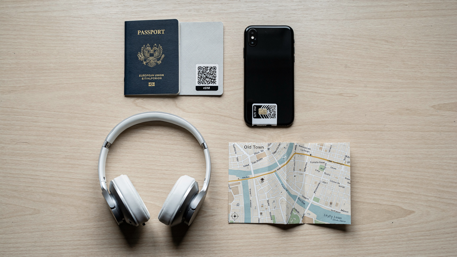 An organized overhead flat-lay of travel essentials including a passport, a smartphone with an eSIM QR code, noise-cancelling headphones, and a small, folded map on a wooden table.