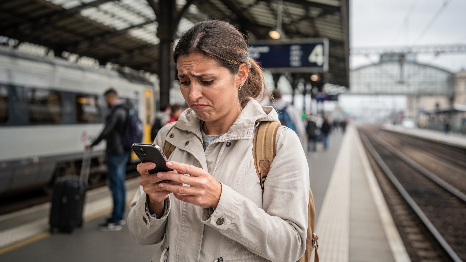 A woman looking confused and slightly frustrated at her smartphone screen while standing in front of the platform at a foreign train station.