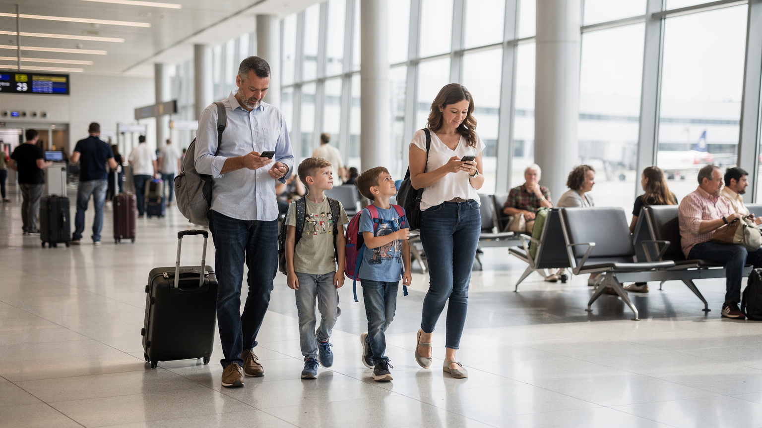 A family of four, two parents and two children, navigating a busy international airport terminal, looking at their phones for directions and checking flight information.