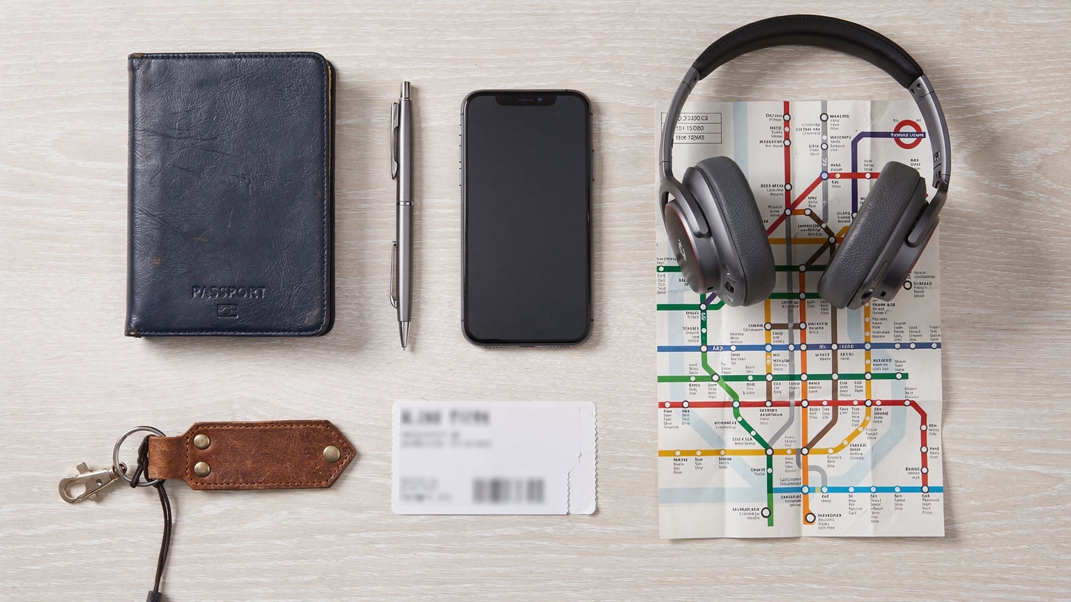 An editorial flat-lay of a passport, phone, headphones, and a local transit map, symbolizing prepared and connected travel.