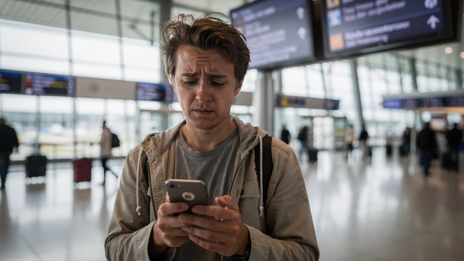 A traveler looking concerned at their phone in a foreign airport, showing a 'No Service' message, embodying the common connectivity struggle.