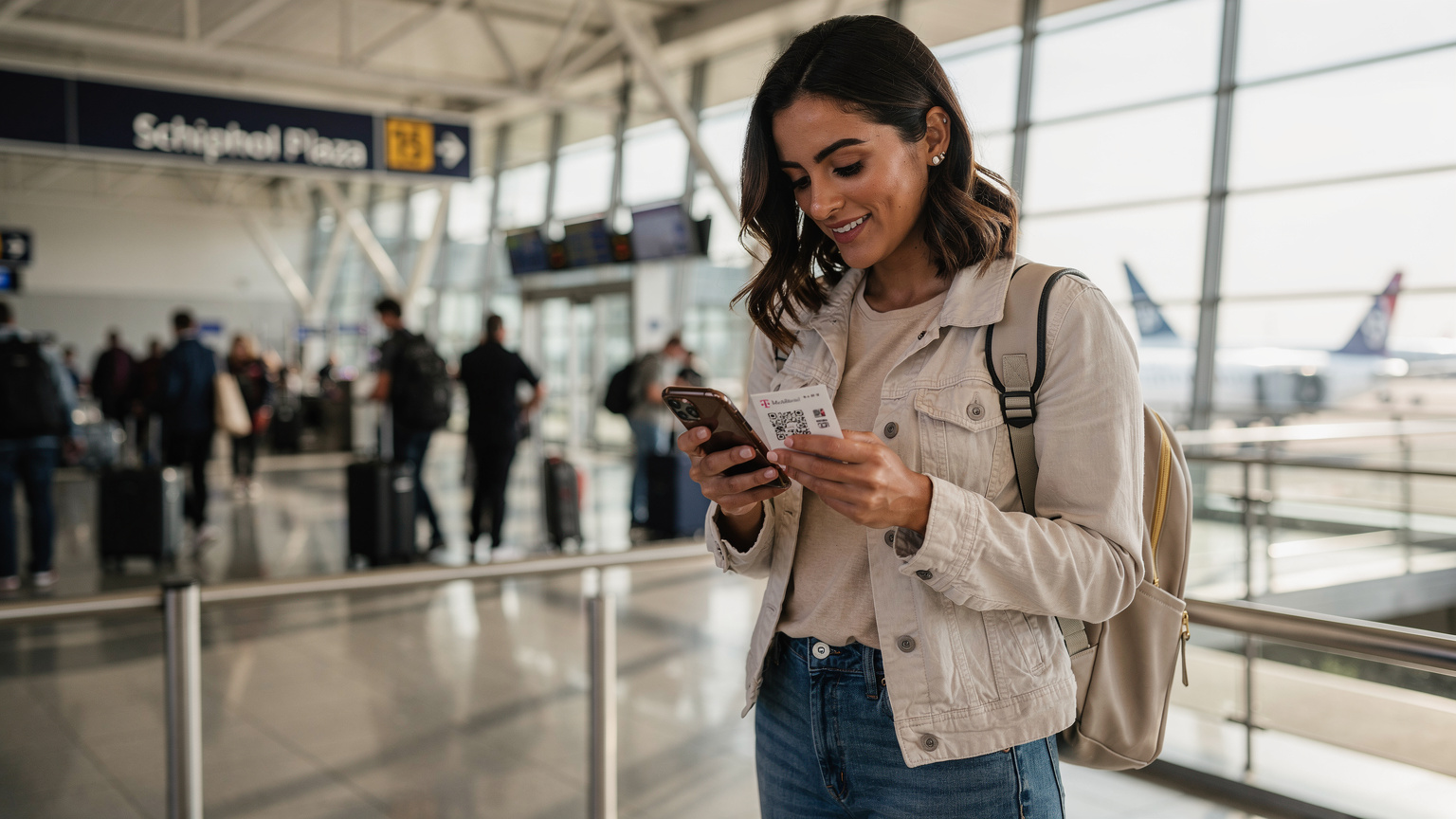 A woman confidently scanning a T-Mobile eSIM QR code on her phone at Schiphol Airport, surrounded by travel posters and the bustle of departing passengers.