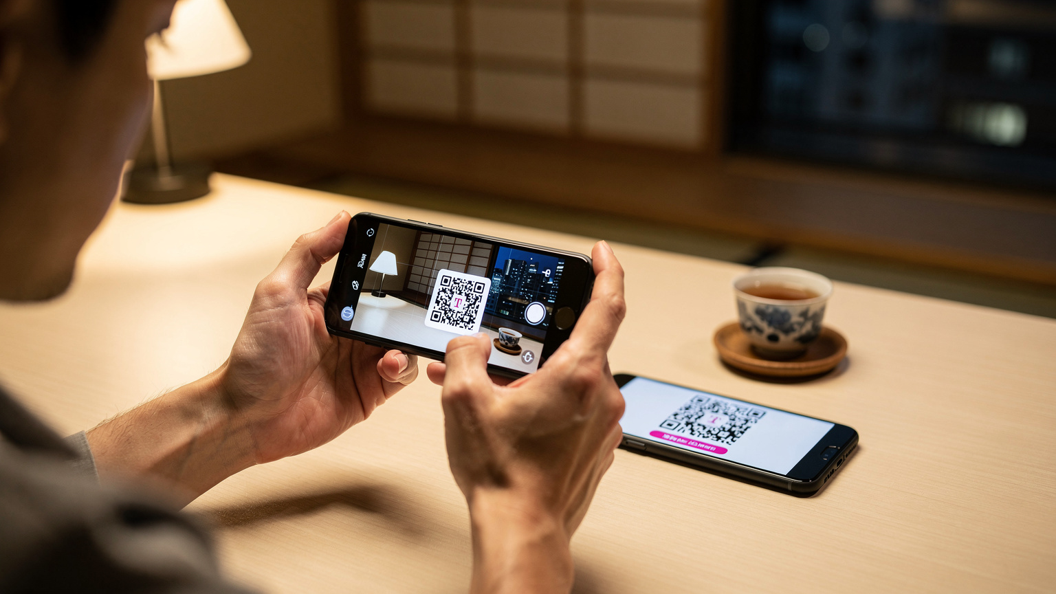 Close-up of a traveler's hands holding a smartphone, with another phone displaying a T-Mobile eSIM QR code, ready for scanning.