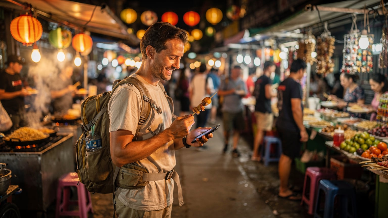 東南アジアの活気あるナイトマーケットで、地元の屋台料理を楽しみながら、スマートフォンで地図アプリを確認しているバックパッカー。