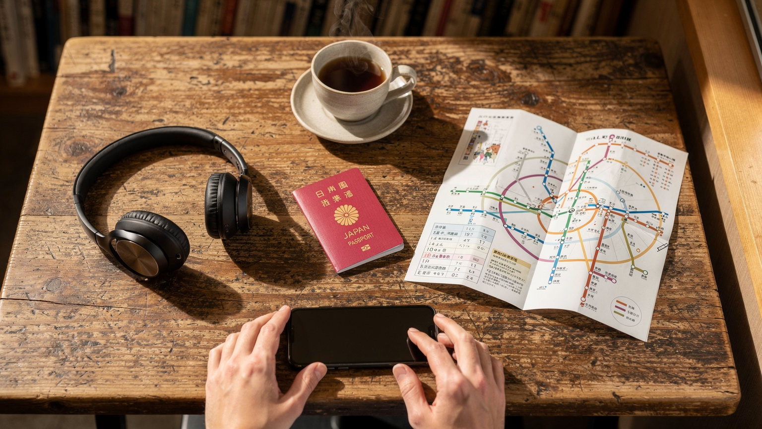 カフェで、パスポート、スマートフォン、ヘッドフォン、そして日本の鉄道地図がテーブルに置かれている様子。手元でスマートフォンを操作している。