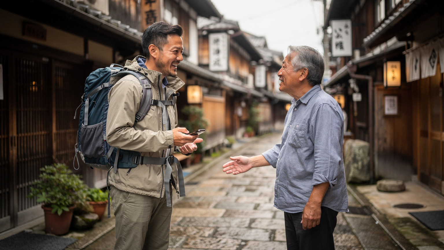 古い石畳の路地裏で、スマートフォンを手に地元の人と会話している旅行者。背景には伝統的な建物が見える。