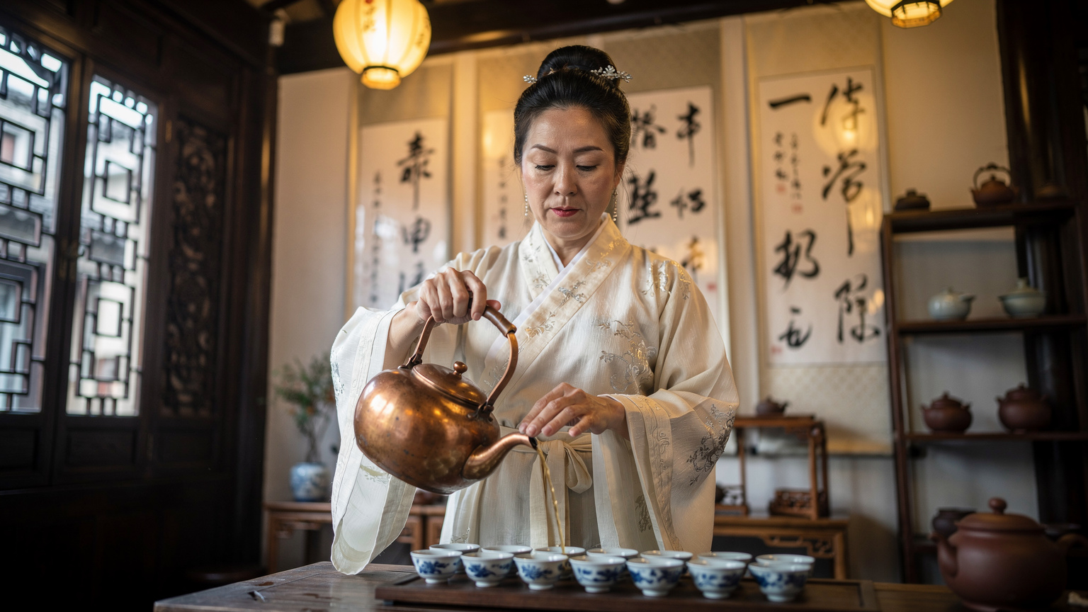 一位身著傳統服飾的茶藝師在成都茶館內泡茶,背景是古色古香的茶館裝潢,展示了中國獨特的文化氛圍。