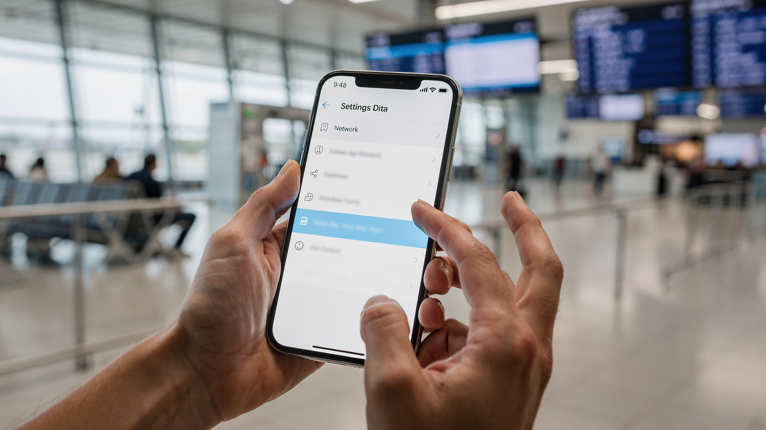 Une main tenant un smartphone affichant l'écran des réglages des données cellulaires, avec l'option d'ajout d'eSIM en évidence, dans un environnement d'aéroport de Paris-Charles de Gaulle avec des écrans d'affichage de vols en arrière-plan flou.