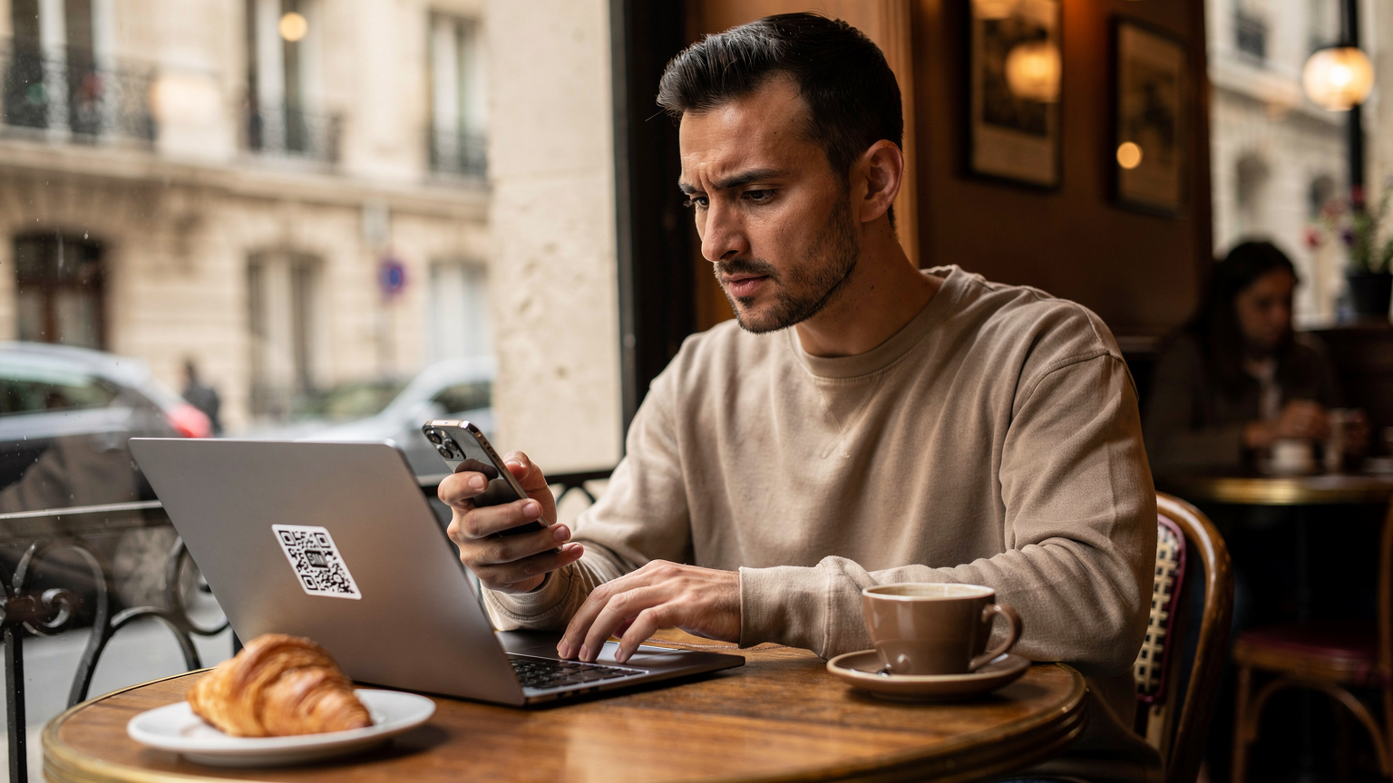 Un homme concentré, la main tenant son smartphone pour scanner un QR code d'eSIM affiché sur l'écran d'un ordinateur portable, dans un café parisien typique avec des passants en arrière-plan.
