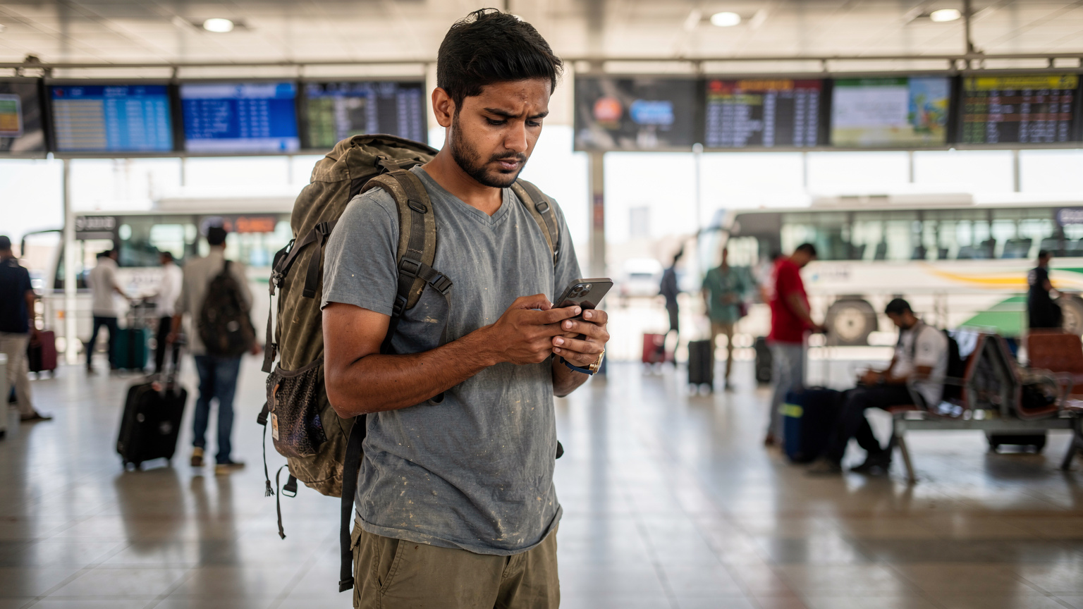 दुबई में एक बस टर्मिनल पर एक युवा भारतीय यात्री अपने iPhone 18 पर Cellesim ऐप में विभिन्न eSIM डेटा प्लान्स की तुलना कर रहा है।