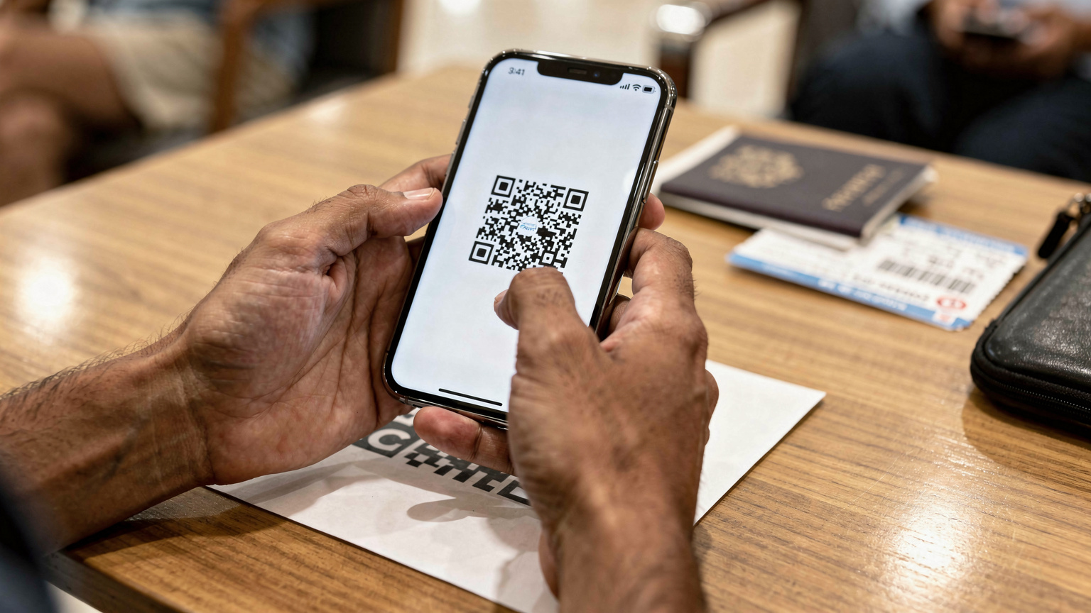 एक भारतीय यात्री अपने iPhone 18 पर Cellesim eSIM के QR कोड को स्कैन कर रहा है, उसकी उंगलियाँ स्क्रीन पर सहजता से घूम रही हैं।