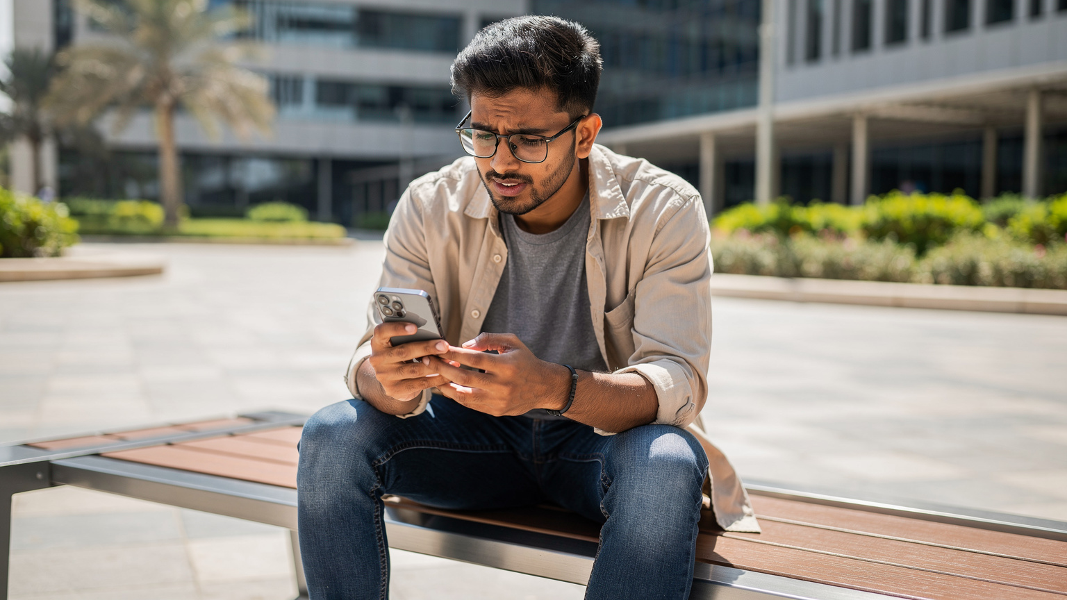 एक युवा भारतीय छात्र दुबई के एक यूनिवर्सिटी कैंपस में अपने iPhone 18 पर Dual-SIM सेटिंग्स को मैनेज कर रहा है, अपने परिवार से जुड़े रहने के लिए।