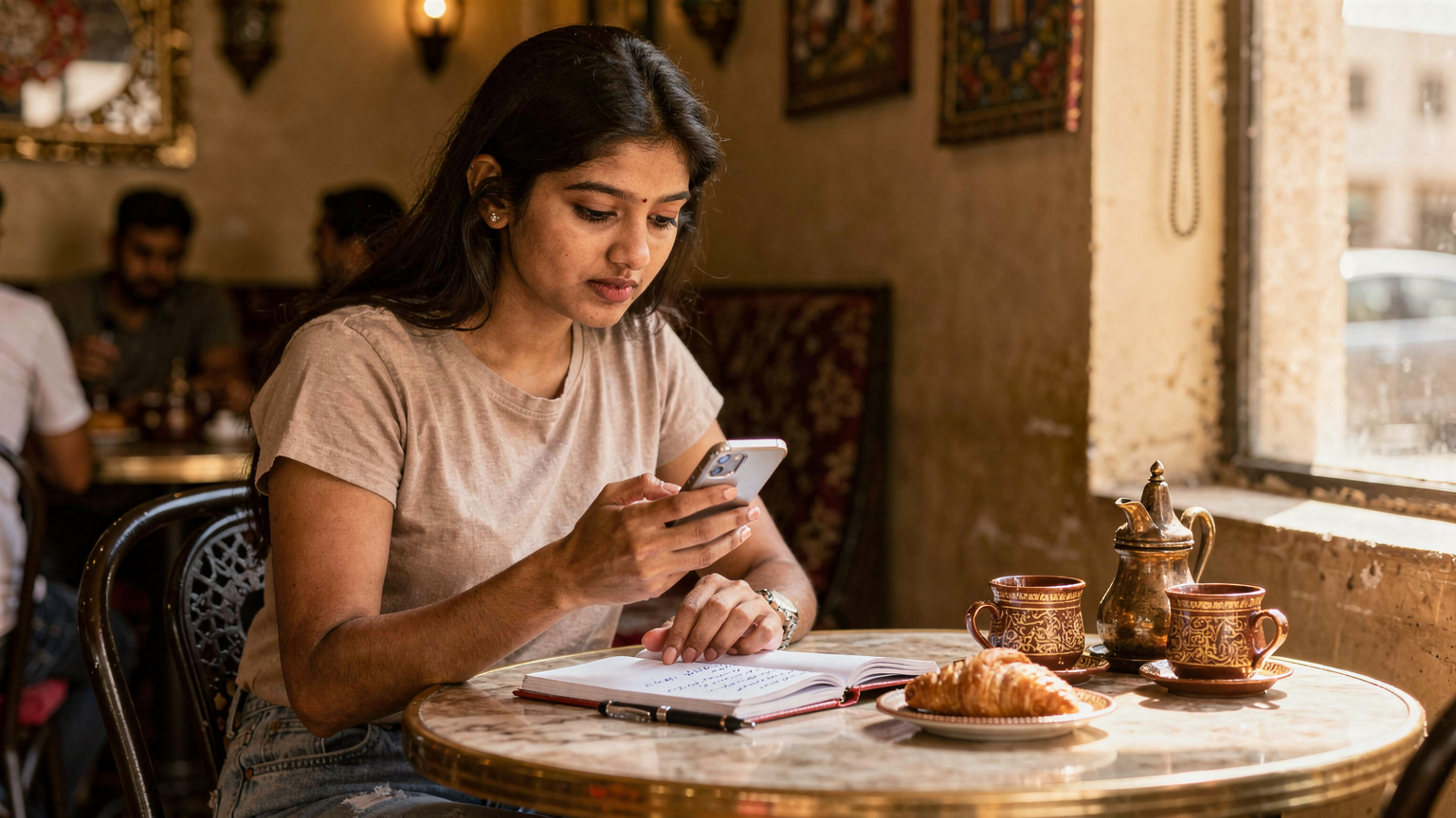 एक यात्री दुबई की एक स्थानीय कैफे में अपने iPhone पर डेटा उपयोग की जांच कर रहा है, उसके पास एक नोटबुक और कलम भी है।