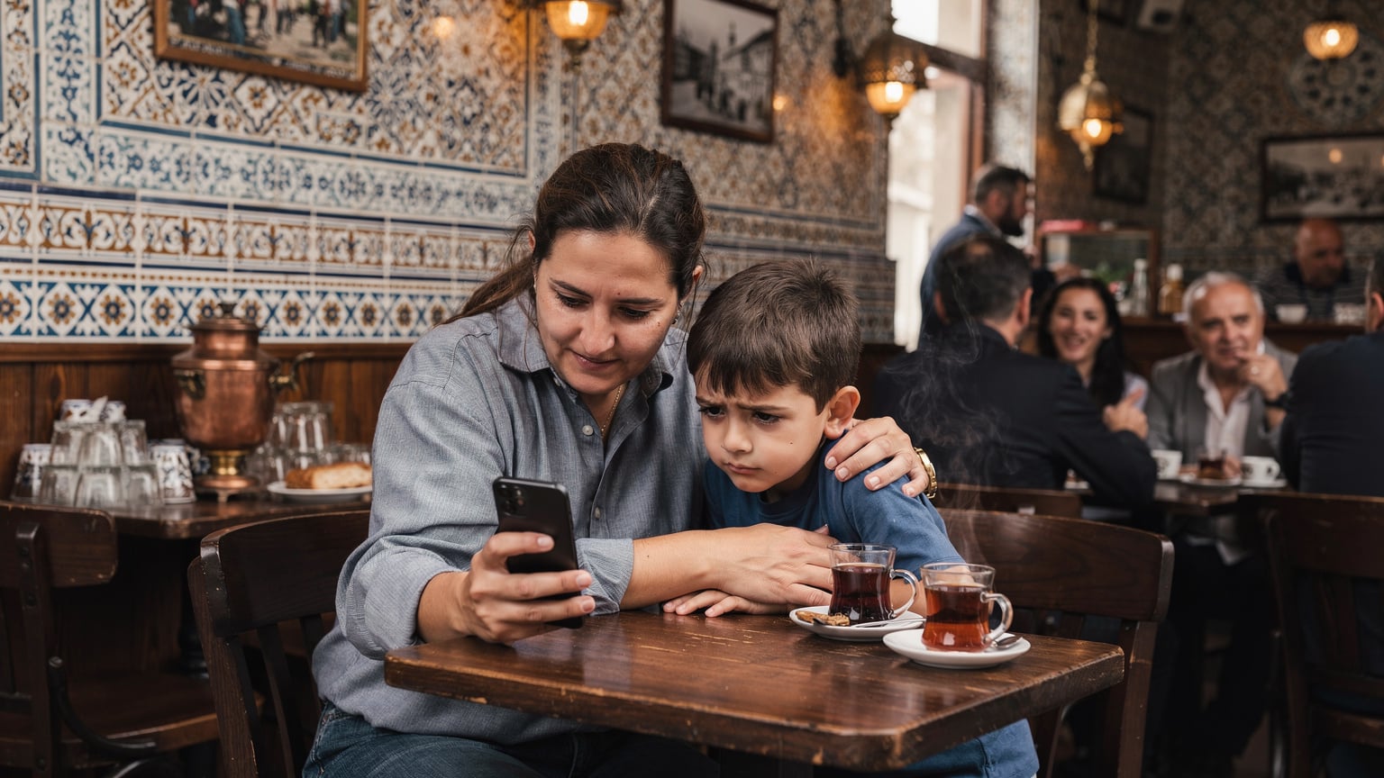 Родител успокоява дете, докато бързо презарежда eSIM плана си на iPhone 18, за да възстанови достъпа до интернет на семейството в оживено кафене в Истанбул.