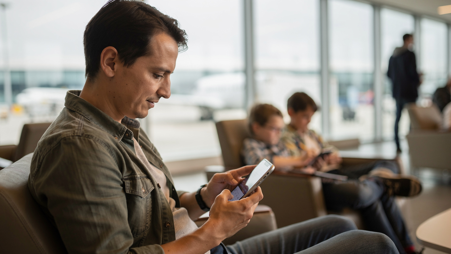 Un părinte verifică setările de conectivitate pe un smartphone modern, compatibil eSIM, în timp ce copiii se joacă liniștiți în fundal, într-un salon de aeroport aglomerat.