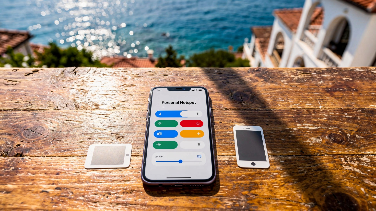 Un telefon compatibil eSIM afișează setările de hotspot personal, cu iconițe de dispozitive conectate, pe o terasă însorită din Antalya, Turcia.