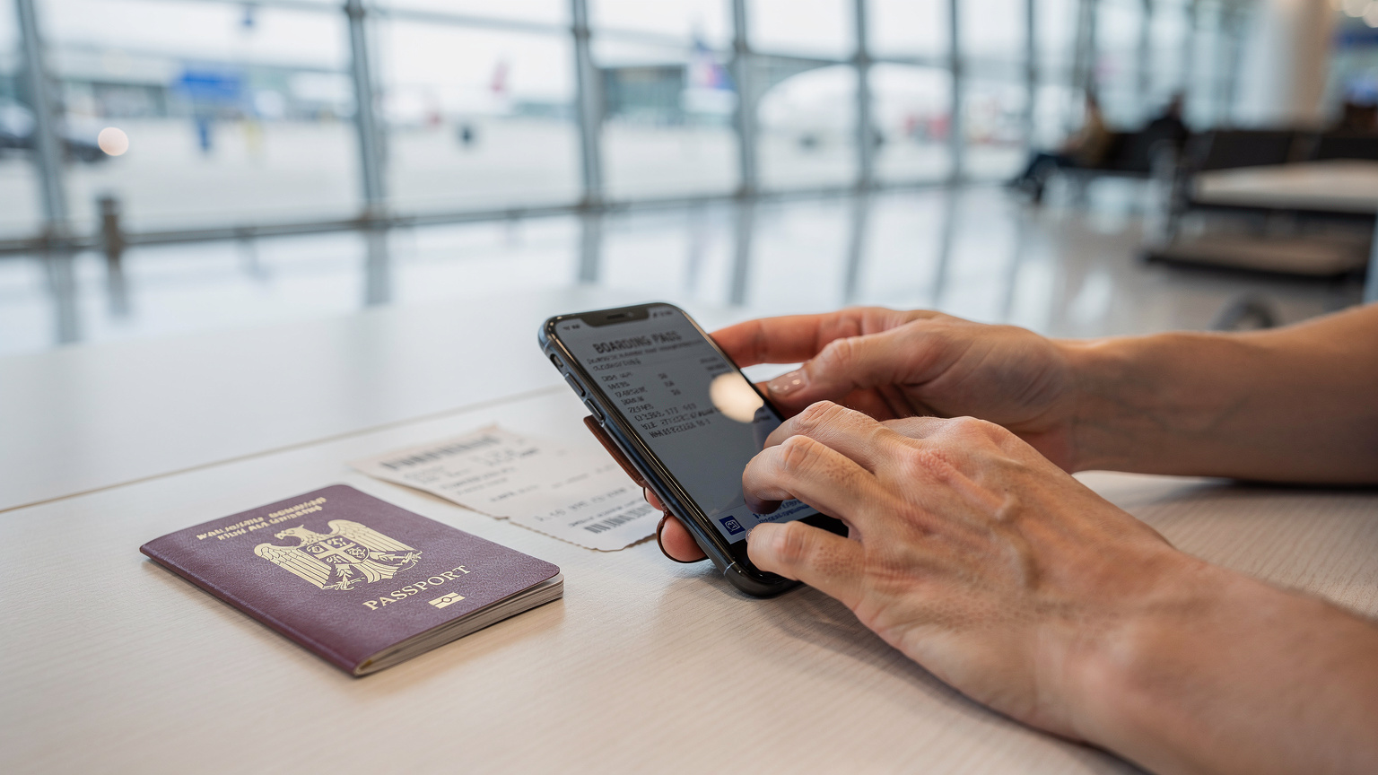 Mână de părinte care tastează calm pe un smartphone, având lângă el un pașaport și un bilet de avion, într-o zonă de așteptare aerisită și modernă a unui aeroport din UE.