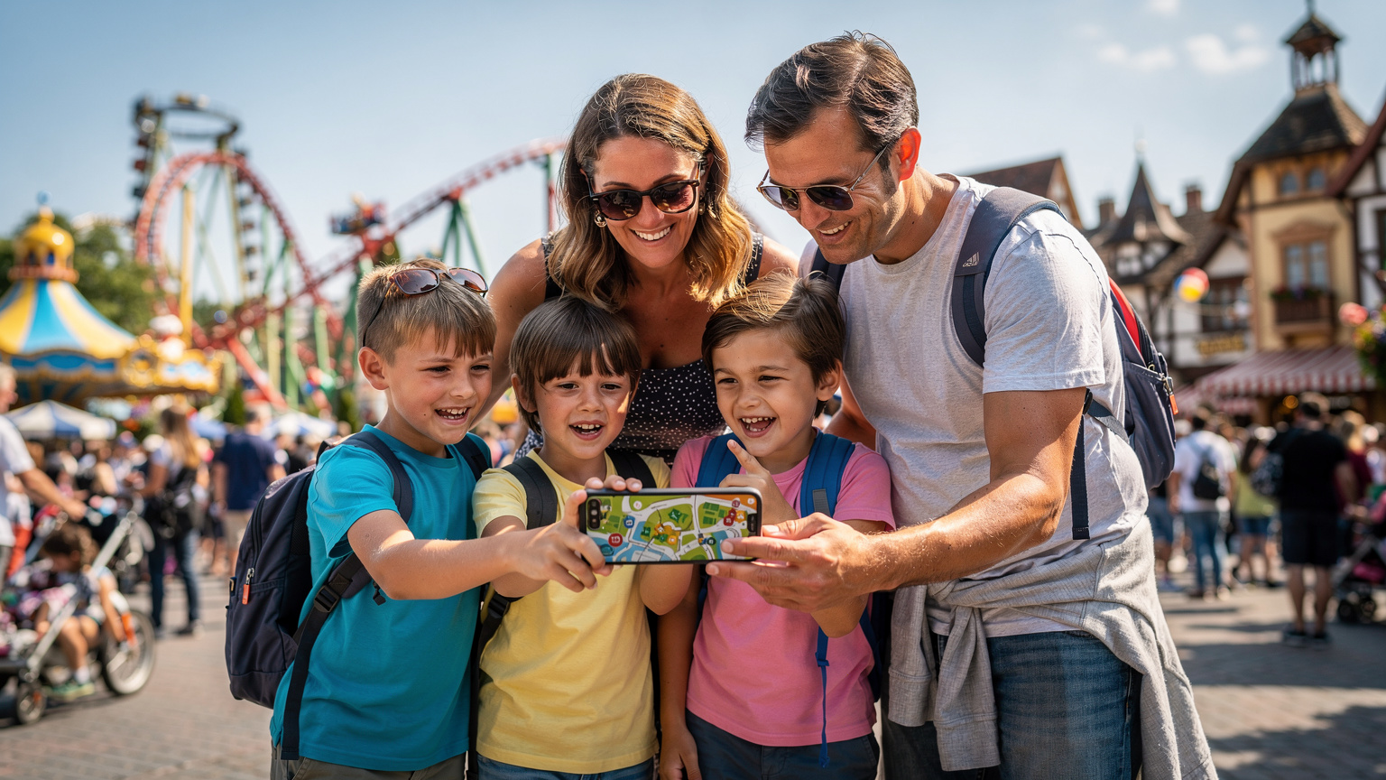 Un grup de copii și părinți, cu telefoanele în mână, verifică o hartă digitală a unui parc tematic aglomerat din Germania, cu o atmosferă veselă și luminoasă.