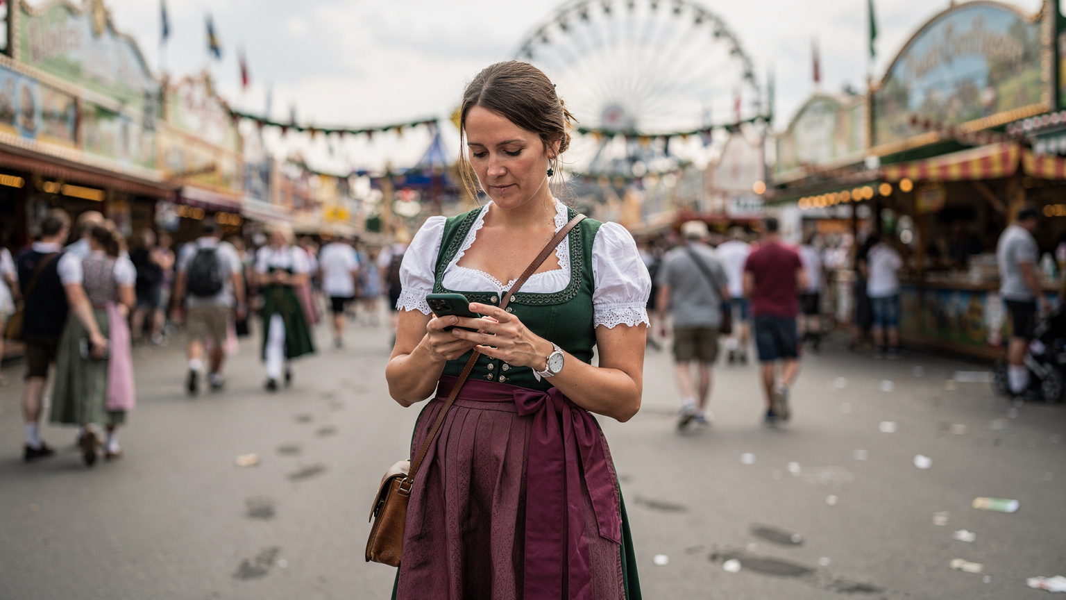 Een reiziger gebruikt haar telefoon om de weg te vinden op een druk Oktoberfest, met de iconische feesttenten en attracties op de achtergrond.