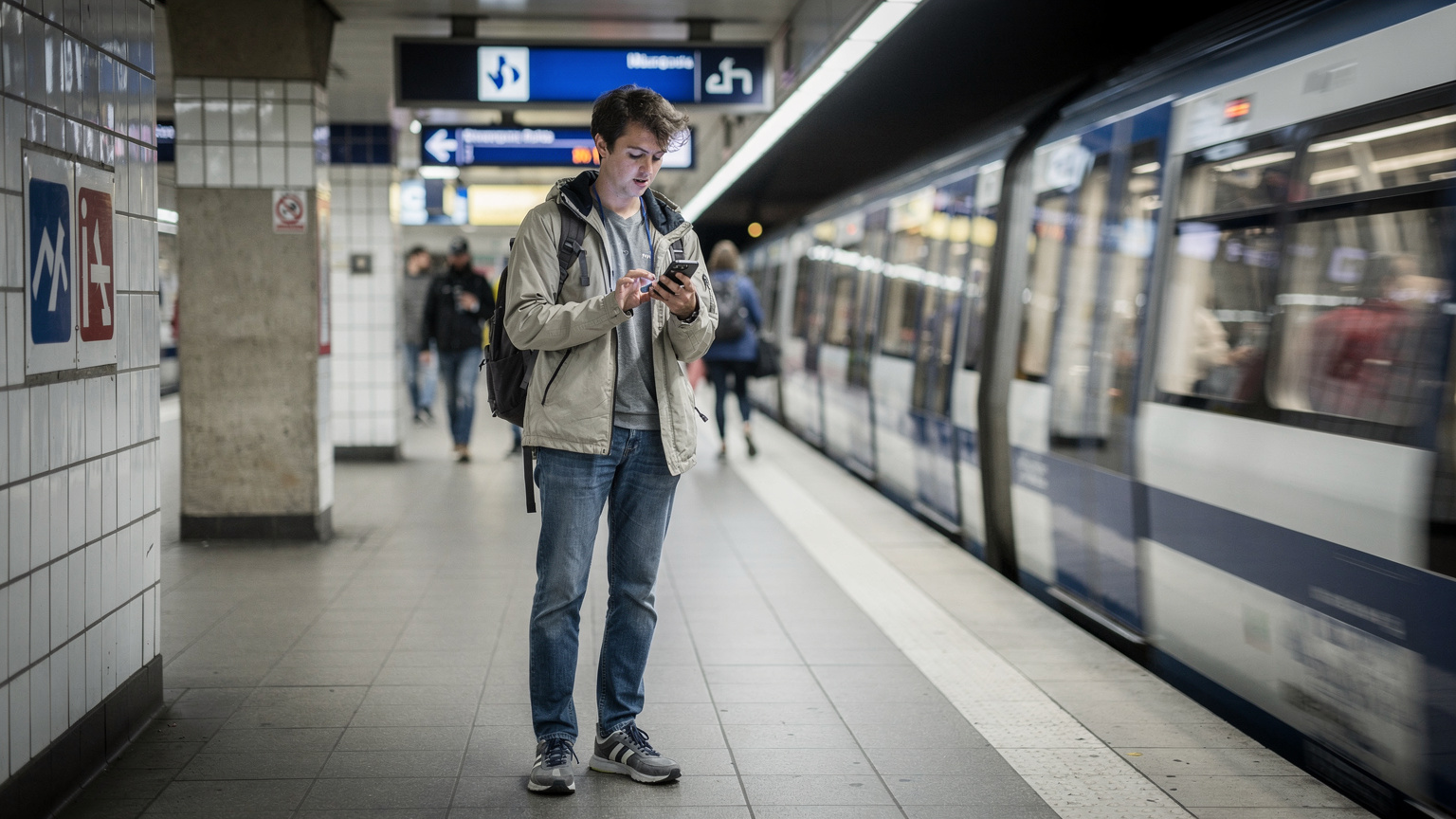Een bezoeker bij een U-Bahn station in München, met een smartphone in de hand om de route te controleren.