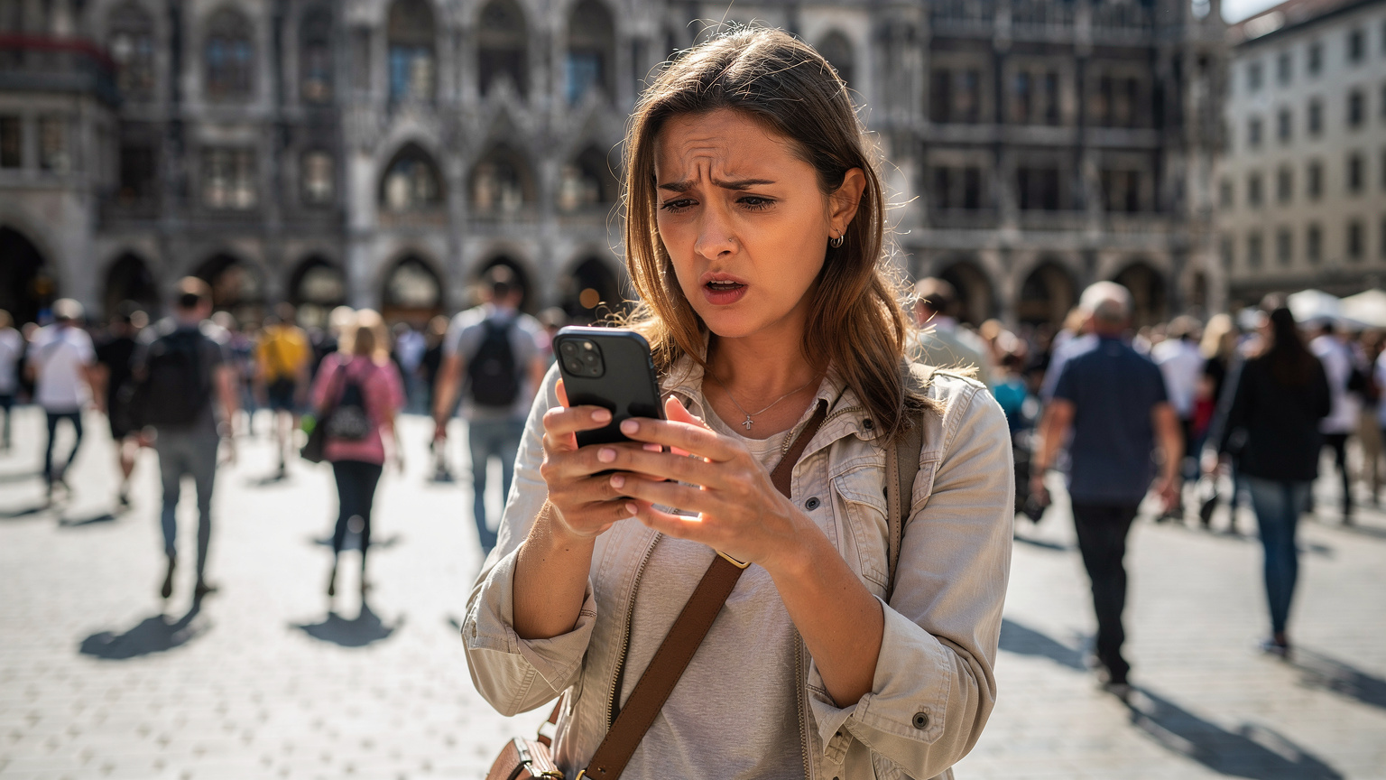 Een teleurgestelde reiziger kijkt bezorgd naar haar telefoon in een drukke omgeving, mogelijk door problemen met de internetverbinding.