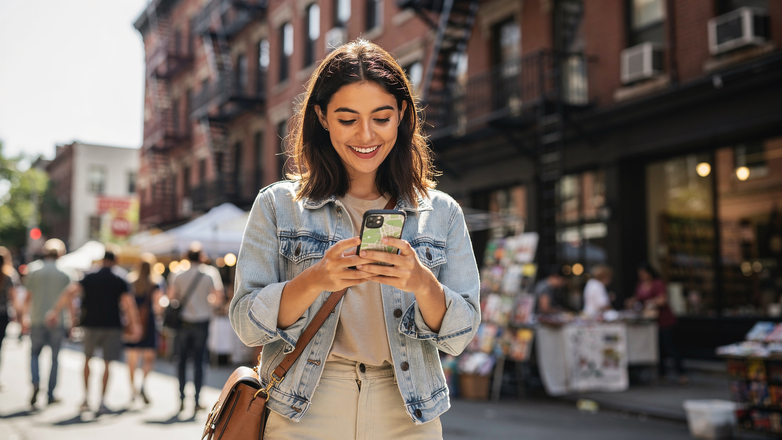 Cestovatelka se usmívá s telefonem v ruce, sleduje mapu v rušných ulicích SoHo v New Yorku.