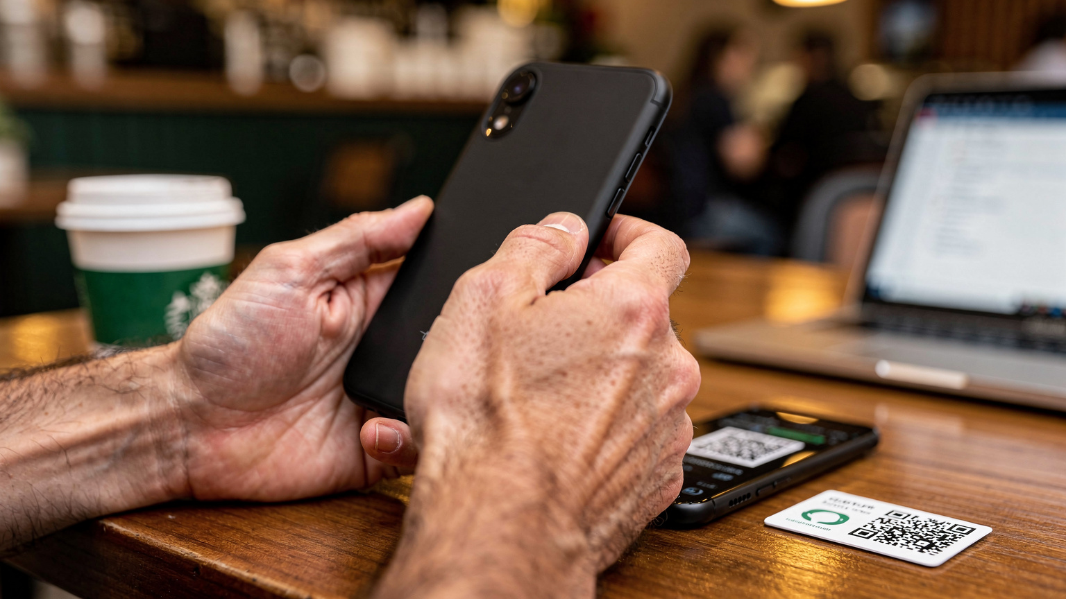 Detailní záběr na ruce, jak drží chytrý telefon a skenují QR kód eSIM pro aktivaci v kavárně Starbucks v New Yorku.