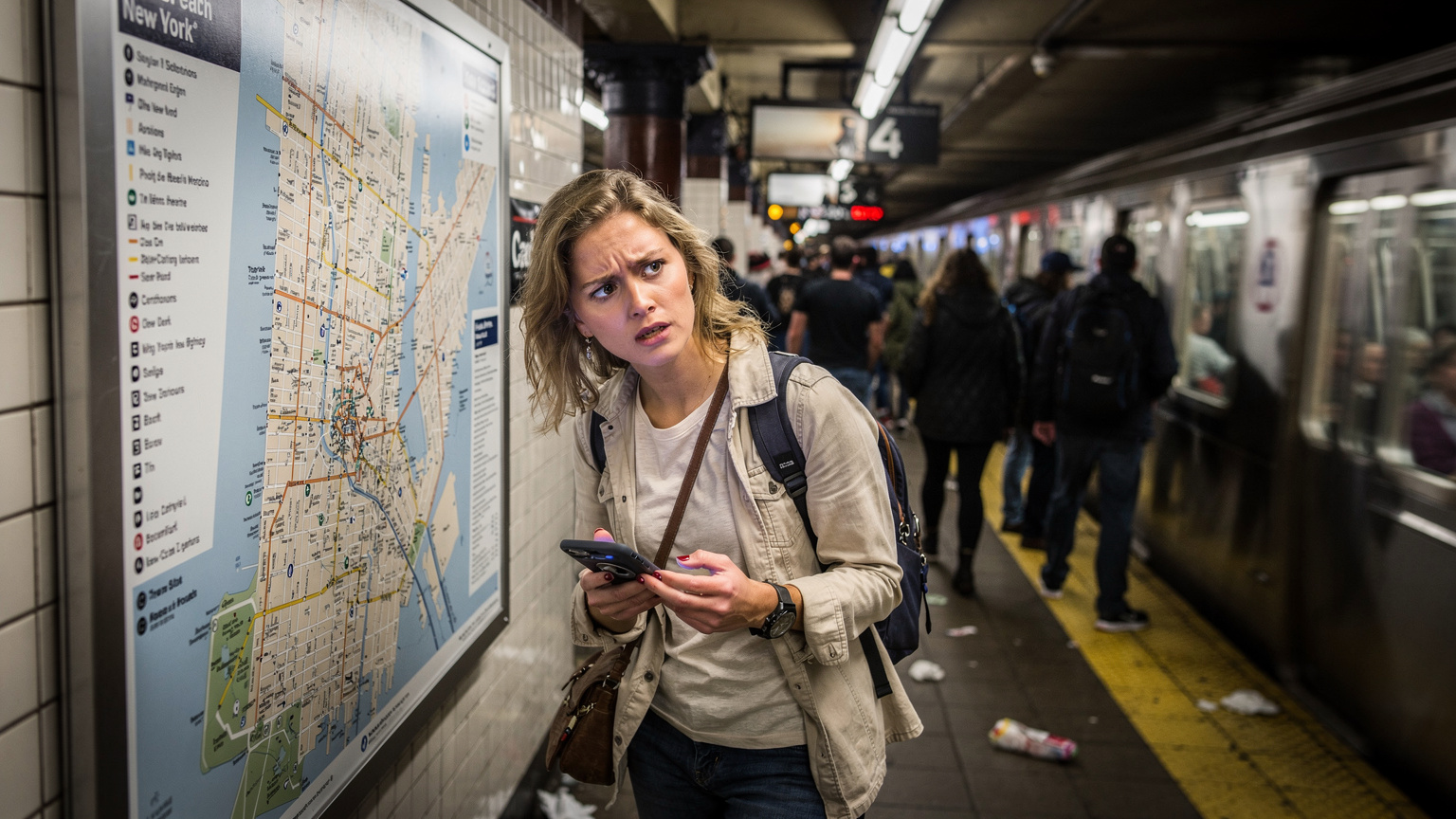 Cestovatelka se dívá na mapu metra v podzemní stanici v New Yorku, se zjevným nedostatkem signálu.