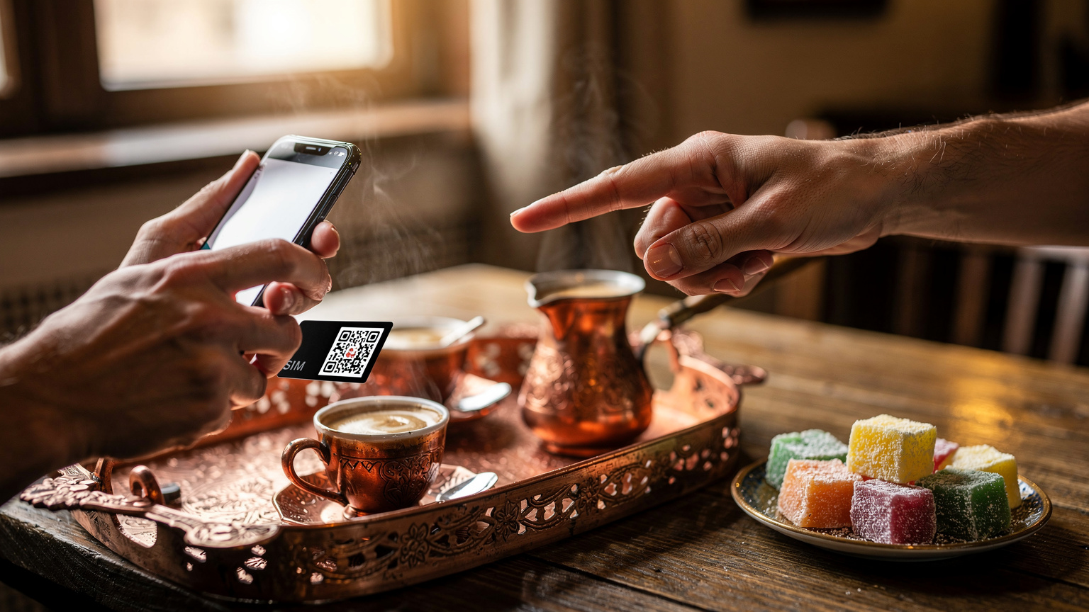 Un primo piano delle mani di un viaggiatore che tiene uno smartphone e sta scannerizzando un codice QR per attivare un'eSIM, in un caffè tradizionale a Sarajevo, Bosnia-Erzegovina, con caffè turco sul tavolo.