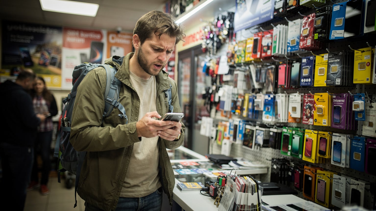 Un uomo con uno zaino guarda confuso il suo smartphone in un affollato negozio di telefonia a Belgrado, Serbia, con diversi tipi di SIM card fisiche in mostra.