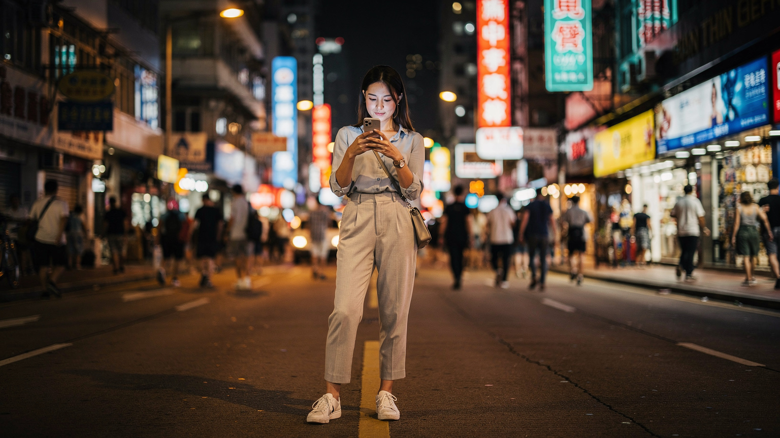 一位年輕女士在香港繁忙的尖沙咀街頭,手持手機查看地圖應用,周圍是霓虹燈招牌和穿梭的行人,展現了香港的都市脈動。