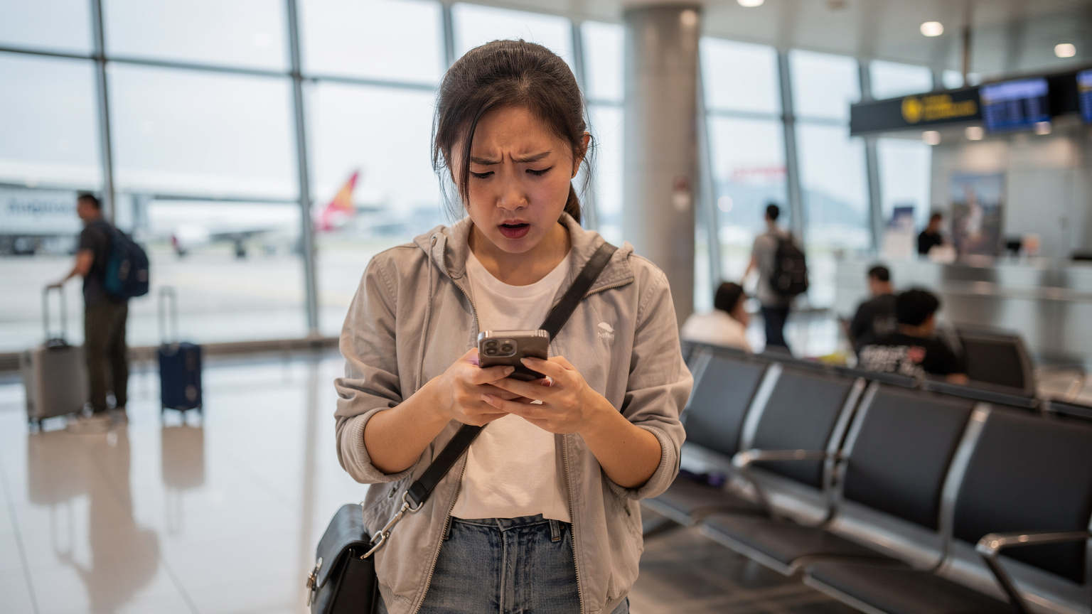 一位女性旅客在香港國際機場的登機口,臉上帶著一絲焦慮,緊盯著手機屏幕,周圍是其他等待登機的旅客。