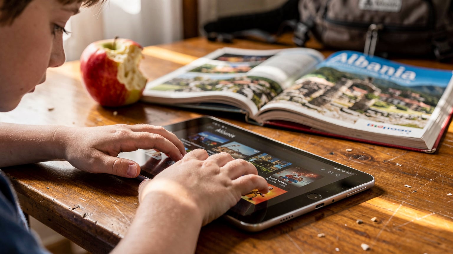 Eine Nahaufnahme zeigt Kinderhände, die auf einem Tablet Offline-Inhalte auswählen, während im Hintergrund ein Reiseführer und ein halber Apfel auf einem Tisch liegen.