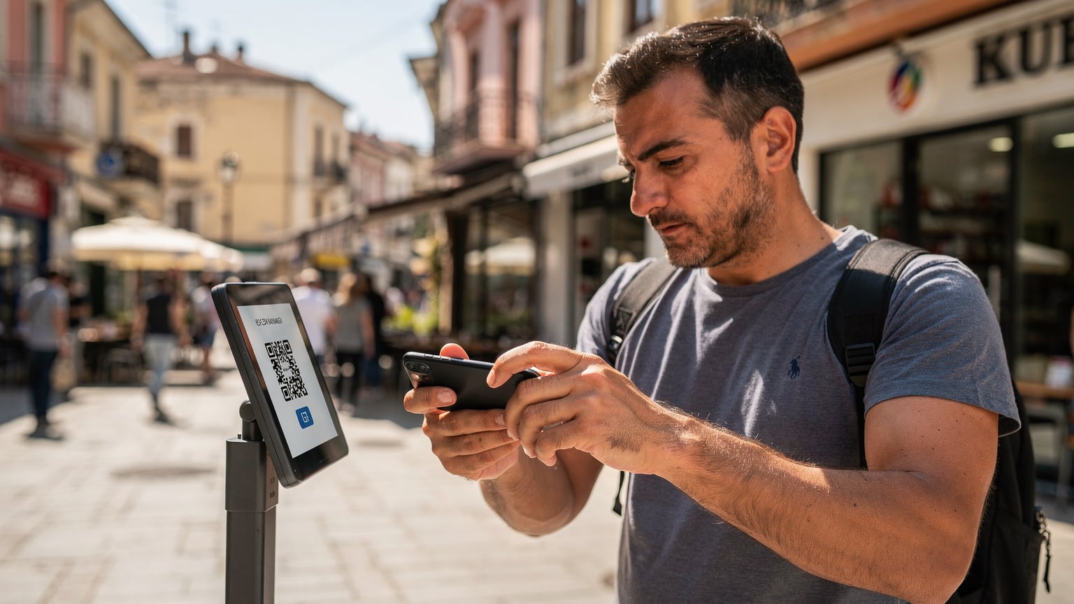 Ein Reisender scannt einen QR-Code auf seinem Smartphone, um eine eSIM zu aktivieren. Im Hintergrund ist eine belebte Straße in Tirana, Albanien, zu sehen.