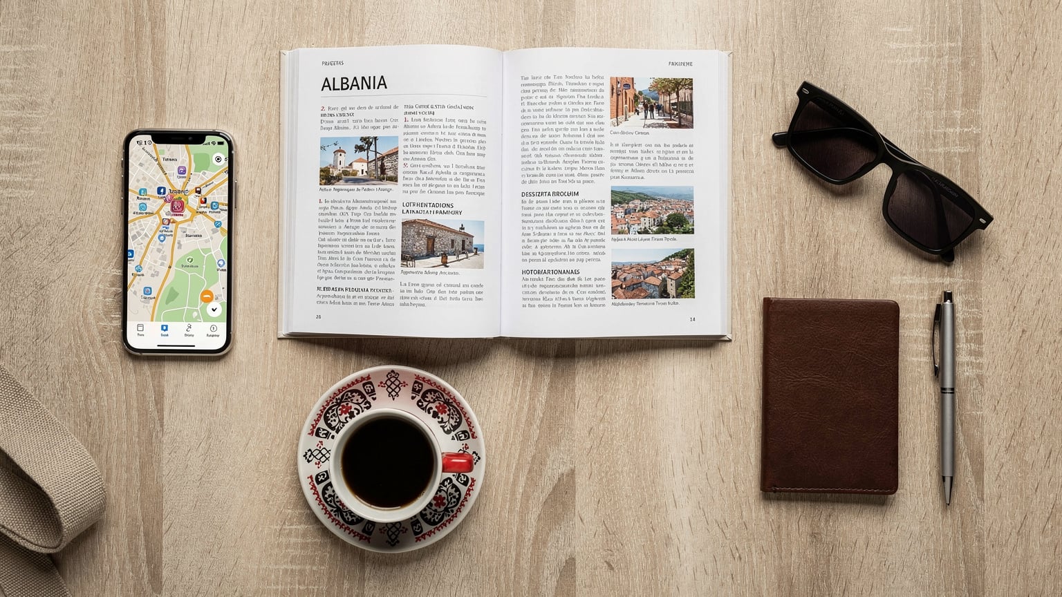 Ein Overhead-Flat-Lay zeigt einen aufgeschlagenen Reiseführer für Albanien, daneben ein Smartphone mit einer geöffneten Offline-Karten-App, eine Sonnenbrille und einen traditionellen albanischen Kaffeebecher.