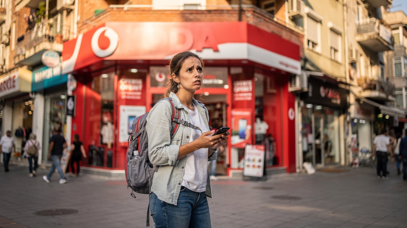 Ein Reisender steht vor einem Vodafone-Shop in einer belebten Einkaufsstraße in Tirana, Albanien, und versucht, eine lokale SIM-Karte zu kaufen.