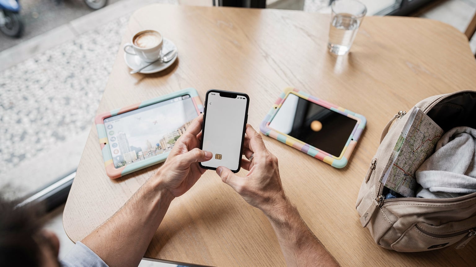 Un genitore, seduto al tavolo di un caffè di Milano, sta configurando un piano eSIM su un moderno smartphone, con un tablet per bambini e uno zaino da viaggio nelle vicinanze, prima di una partenza.